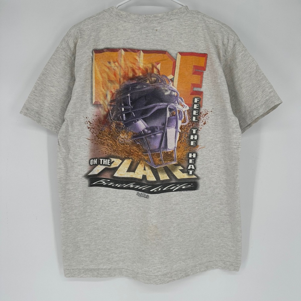 Vintage 90s Big Ball Sports Fire On The Plate Baseball Shirt Gray Large